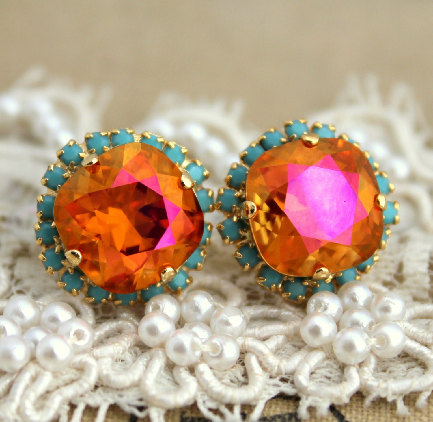 Orange Earrings Coral Mint Earrings Orange Crystal Stud Etsy