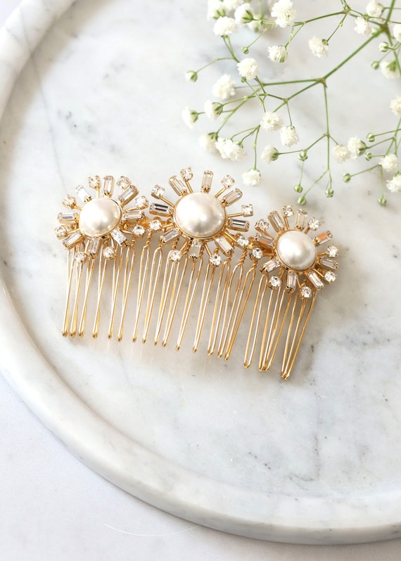 Pearl & Crystal Bridal Hair Comb - White Crystal Pearl Bridal Hair Comb, White Pearl Crystal Hair  main image 2