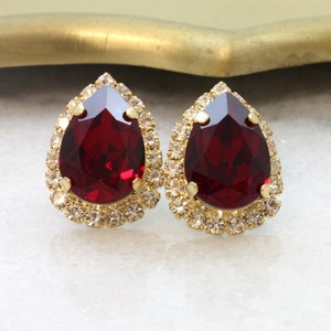 Red Ruby Crystal Stud Earrings, embellished with Swarovski crystals, Dark Red Crystal Stud Earrings, Gift for her, Bridesmaids Red Earrings.