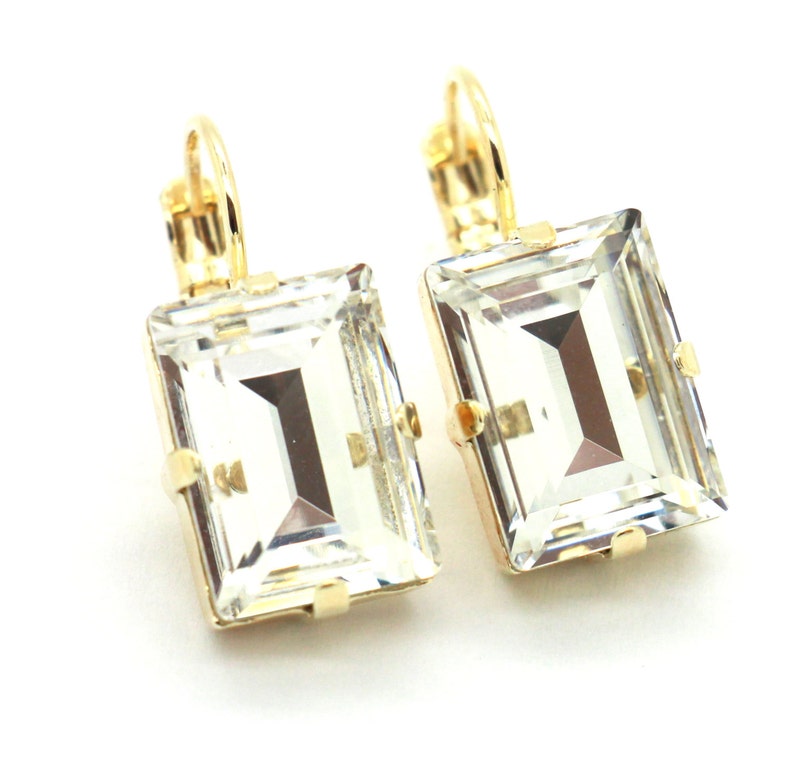 White Crystal Gold drop earrings, Classic Bridal Emerlad Cut Earrings, Wedding jewelry, Estate earrings, Emerald cut earrings, Gift for her image 2