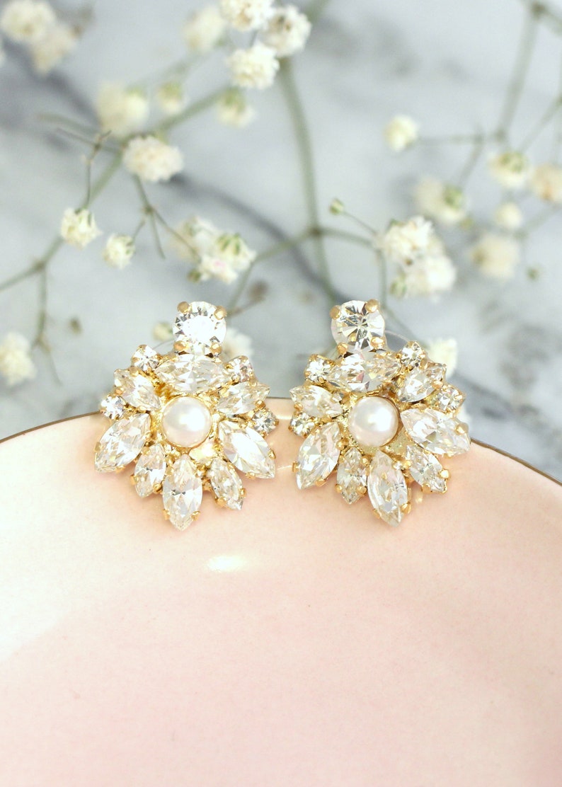 Bridal Pearl Crystal earrings, Bridal Cluster earrings, Bridal Pearl Crystal Earrings, White Crystal Pearl cluster Rhinestone Earrings image 9