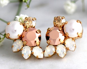 Rose Gold Pearl Bridal Earrings, Bridal Rose Gold Stud Earrings, Cluster Pearl Earrings, Bridesmaids Earrings, Pearl Stud Earrings, Earrings