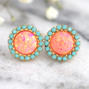 Opal earrings, Coral Mint earrings, Opal Stud Earrings, Tangerine bridesmaids Earrings, Gift For Her, Orange Earrings, Fire Opal Earrings image 1