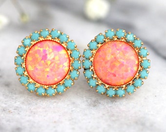 Opal earrings, Coral Mint earrings, Opal Stud Earrings, Tangerine bridesmaids Earrings, Gift For Her, Orange Earrings, Fire Opal Earrings