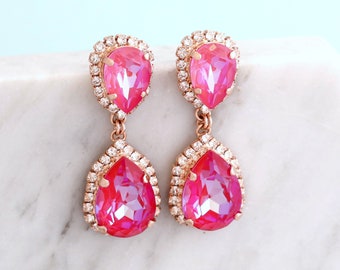 Pink LONG Earrings, Pink Red Crystal Drop Earrings, Pink Crystal Long Chandelier Earrings, Bridal Pink Earrings, Ultra Pink Earrings