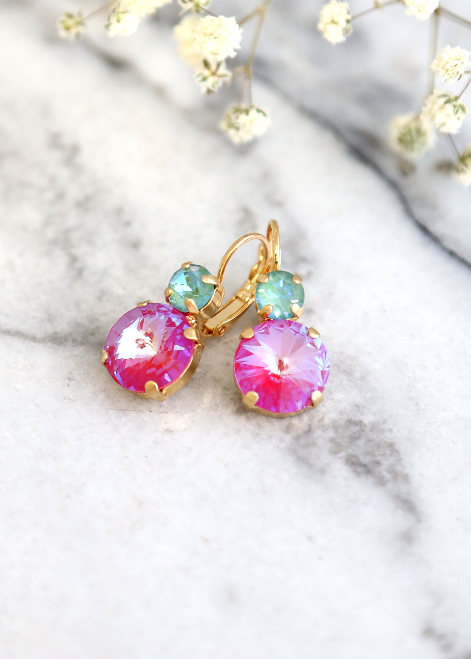 Pink Green Earrings Red Pink Earrings Pink Green Drop Etsy