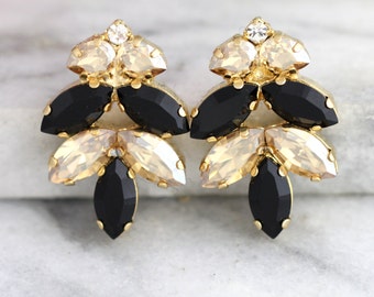 Black Earrings, Black Gold Earrings, Bridal Black Earrings, Crystal Gold Black Crystal Earrings, Bridesmaids Black Earrings, Gift For Her