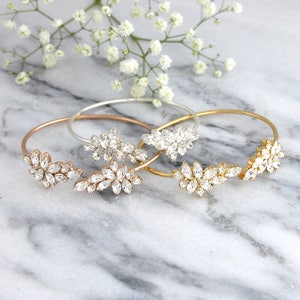 Bridal Bracelet, White Crystal Wedding Bracelet, Austrian Crystal Cuff Bracelet,Bridal Cuff Bracelet,Bridesmaids Gold Bracelet,Cuff Bracelet Gold