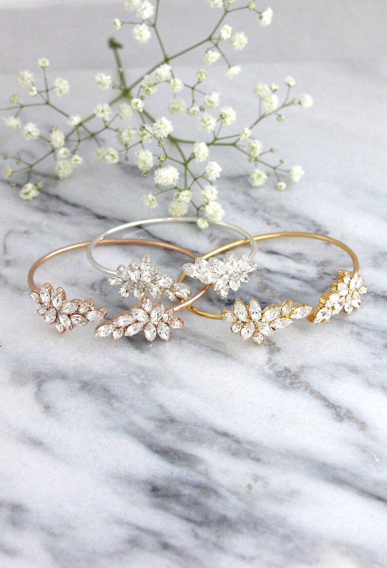 Bridal Bracelet, White Crystal Wedding Bracelet, Austrian Crystal Cuff Bracelet,Bridal Cuff Bracelet,Bridesmaids Gold Bracelet,Cuff Bracelet Gold