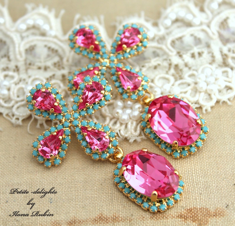 Pink Turquoise Crystal Long Earrings, Pink Blue Crystal Statement Oversize Earrings, Bridal Pink Earrings, Bridal Hot Pink Long Earrings image 3