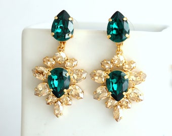 Emerald Chandelier Earrings, Emerald Champagne Drop Earrings, Bridal Emerald Drop Earrings, Emerald Champagne Earrings, Dark Green Earrings