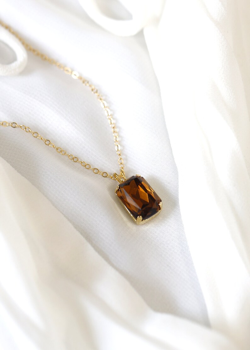 Browne Crystal Necklace, Brown Smoky Quartz Gold Or Silver Necklace, Brown Emerlad Cut Crytsal Necklace, Gift for her, Handmade Gift image 9