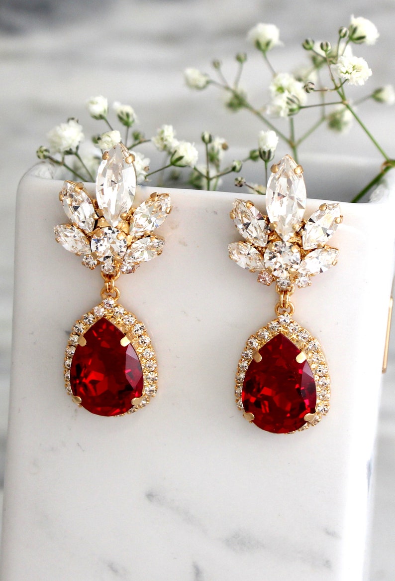 Ruby Earrings, Garnet Red Drop Earrings, Ruby Red Crystal Earrings, Bridal Garnet Drop Earrings, Ruby Red Crystal Chandelier Earrings image 6