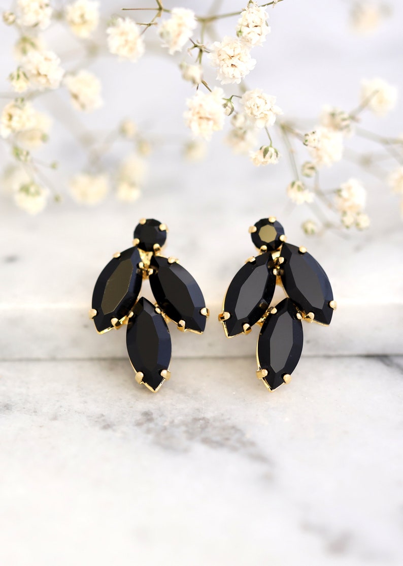 Black Clip On Earrings, Bridal Black Crystal Earrings, Black Gold Stud Crystal Earrings, Clip On Earrings, Bridesmaids Clip On Earrings image 8