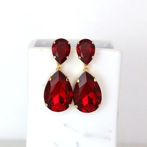 Red Statement Long Earrings, Crimson Red Chandelier Earrings, Red Ruby Crystal Earrings, Red Crystal Oversize Drop Chandelier Earrings. image 1