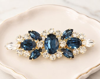 Bridal Navy Blue Barrette, Dark Blue Bridal Hair Accessories, Blue Crystal Gold barrette, Bridal Crystal Hair Accessories, Bridal Barrette