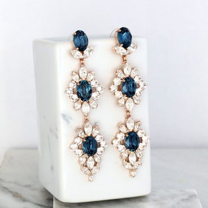 Blue Navy Long Crystals Earrings Blue Navy Bridal Chandelier - Etsy