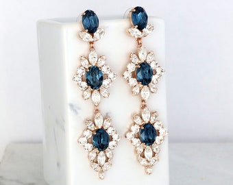 Blue Navy Long Crystals Earrings, Blue Navy Bridal Chandelier Earrings, Navy Blue Statement Bridal Earrings, Sapphire Blue Long Earrings