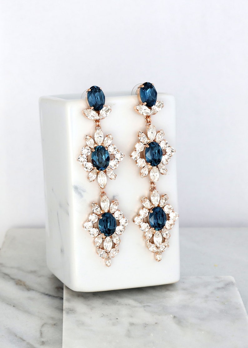 Blue Navy Long Crystals Earrings, Blue Navy Bridal Chandelier Earrings, Navy Blue Statement Bridal Earrings, Sapphire Blue Long Earrings image 1