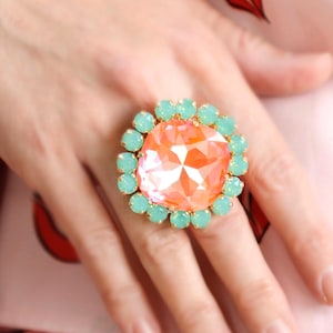 Orange Green Cocktail Crystal Ring, Green Orange Statement Crystal Ring, Statement Crystal Ring, Adjustable Cocktail Orange Ring, Gift For