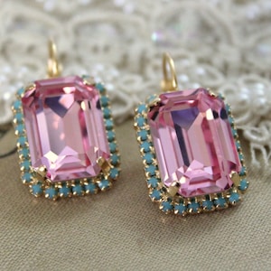 Pink Crystal Earrings, Pink Turquoise Drop Earrings, Pink Rosr Octagon Earrings, Mother of the Bride Earrings, Light Rose Earrings image 6