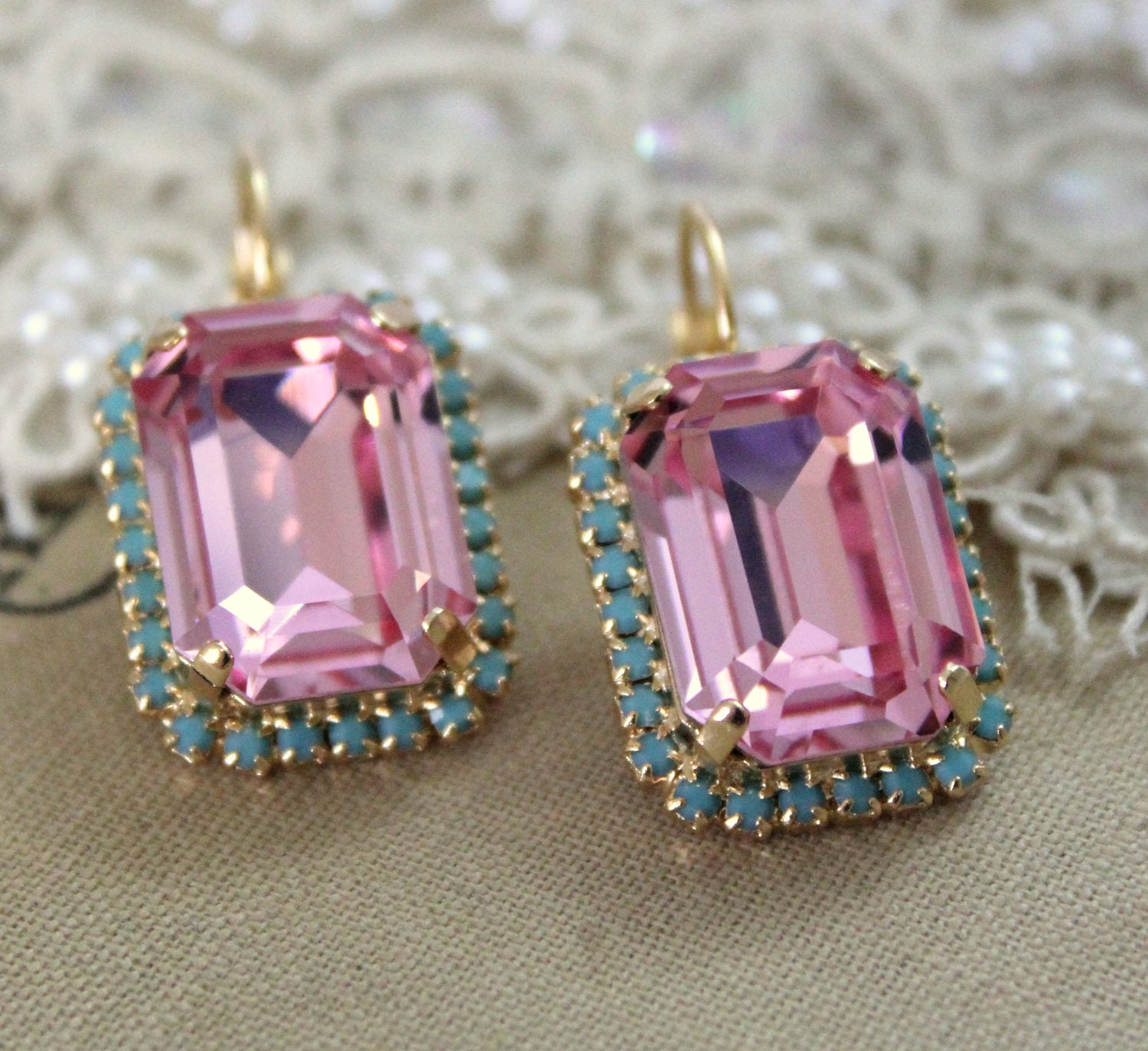 Pink Crystal Earrings Pink Turquoise Drop Earrings Swarovski - Etsy