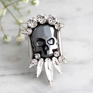 Skull Ring, Silver Skull Ring, Cocktail Ring, Gothic Ring, Sugar Skull Ring, Bridal Ring, Adjustable Skull Crystal Ring, Gift For Woman.
