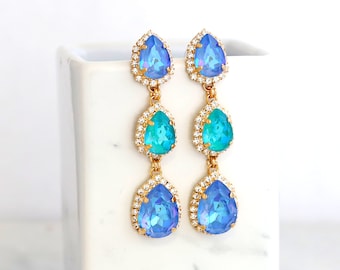 Blue Ocean Chandelier Earrings, Blue Turquoise Crystal Earrings, Oversize Blue Crystal Bridal Earrings, Pool Blue Long Chandelier Earrings