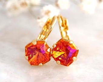 Boucles D'oreilles Argent Massif - Pierre Orange Et Zirconium Facetté - Pendantes Occasion