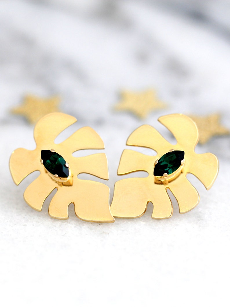 Monstera Leaf Earrings, Palm Leaf Earrings, Leaf Earrings, Emerald Earrings, Bridal Earrings, Gift For Her, Tropical Earrings, Leaf Studs image 1