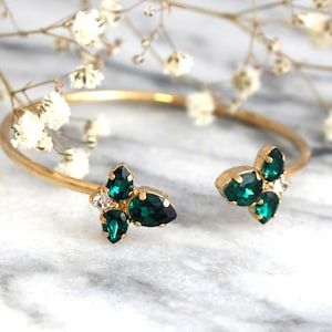 Emerald Bridal Crystal Bracelet, Emerald Gold Open Cuff Bracelet, Bridesmaids Crystal  Green Bracelets, Crystal Green Emerald Gold Bracelet