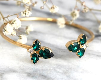 Emerald Bridal Crystal Bracelet, Emerald Gold Open Cuff Bracelet, Bridesmaids Crystal  Green Bracelets, Crystal Green Emerald Gold Bracelet