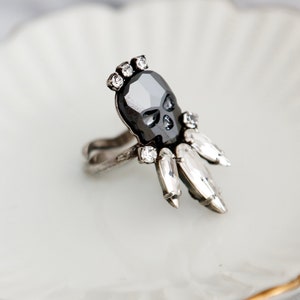 Skull Ring, Skull Gothic Black Silver Ring, Crystal Skull Ring, Gift For Her, Crystal Ring, Sugar Skull Ring, Gothic Silver Adjustable Ring.