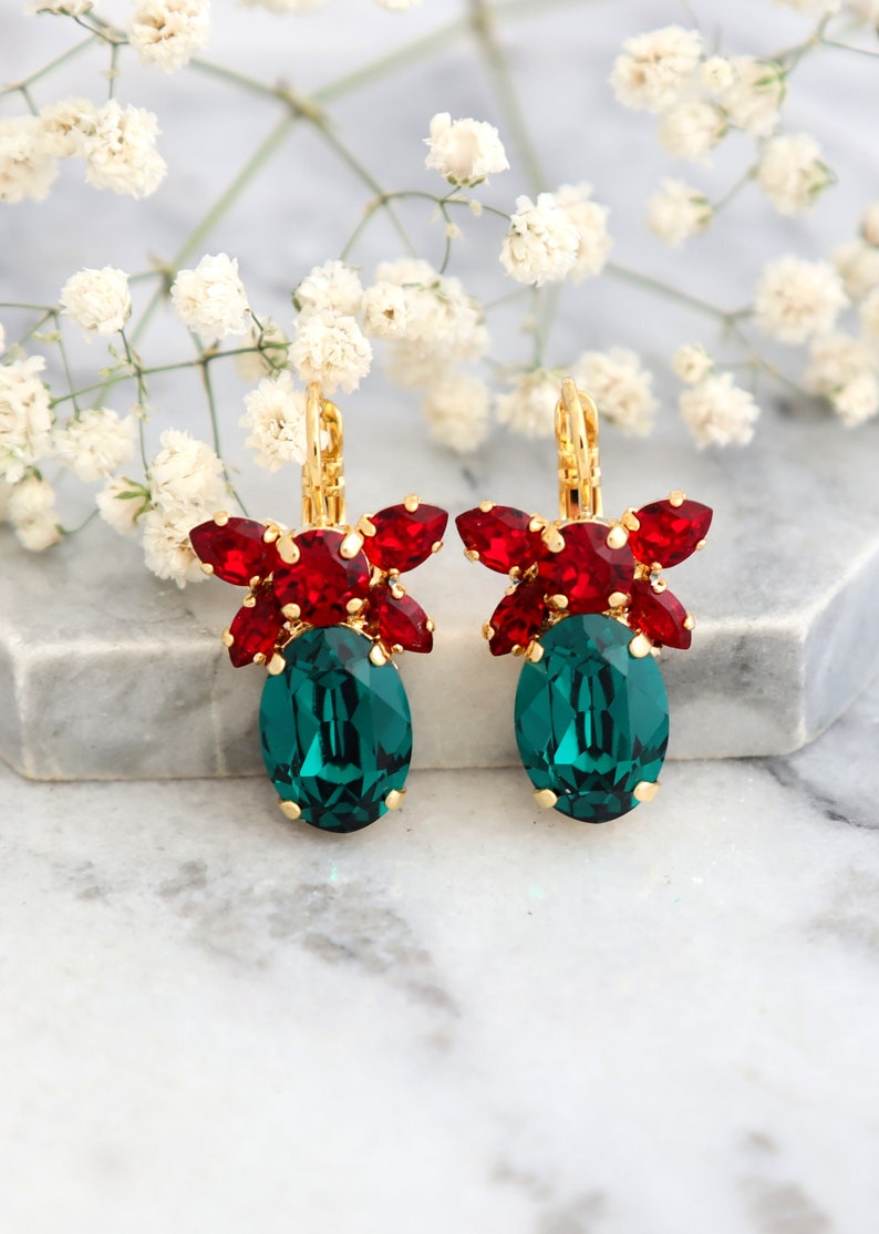 Emerald Drop Earrings Emerald Crystal Earrings Christmas Earrings Green Red Earrings Christmas Gift For Her Emerald Red Ruby Earrings