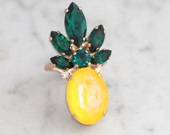 Pineapple Ring, Pineapple Crystal Cocktail Ring, Yellow Emerald Crystal Ring, Gift For Her, Crystal Statement Ring, Pineapple Jewelry