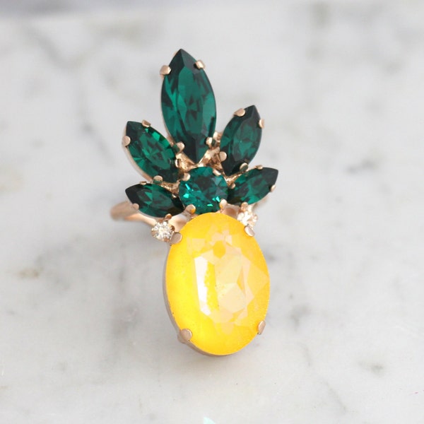 Pineapple Ring, Pineapple Crystal Cocktail Ring, Yellow Emerald Crystal Ring, Gift For Her, Crystal Statement Ring, Pineapple Jewelry