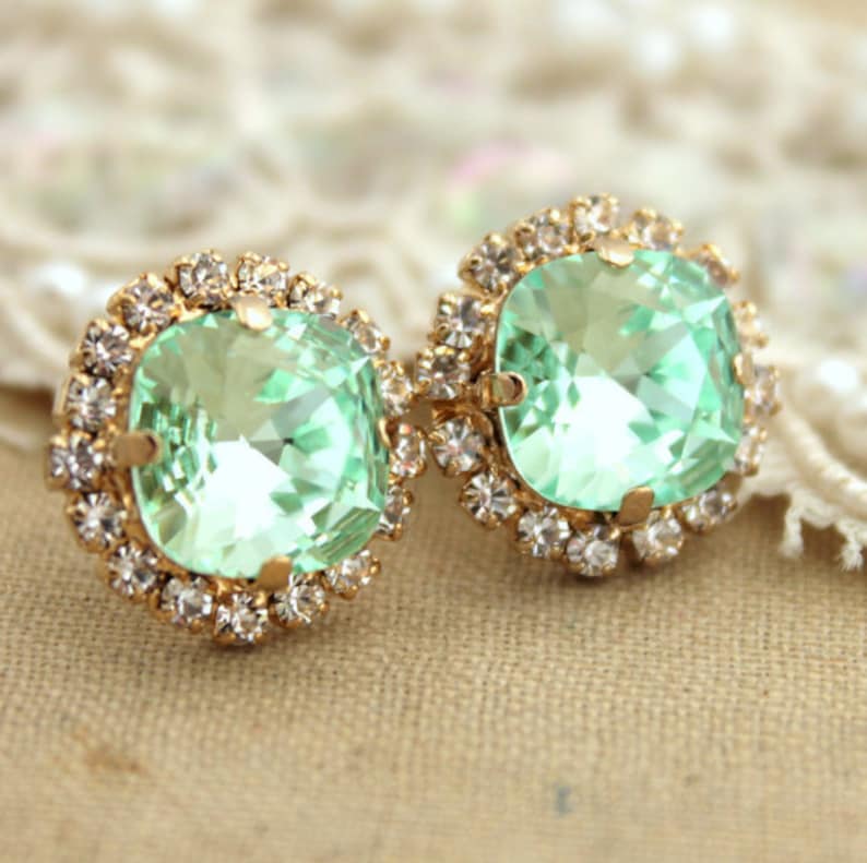 Mint Stud Earrings, Mint Earrings, Crystal Mint Green Studs, Bridal Sage Earrings, Bridesmaids Earring, Bridesmaids Gift, Gift For Her image 2