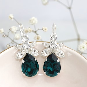 Emerald Green Bridal Earrings, Dark Green Crystal Earrings, Bridal Emerald Earrings, Green Emerald Dangle Earrings, Green Blue Drop Earrings image 9