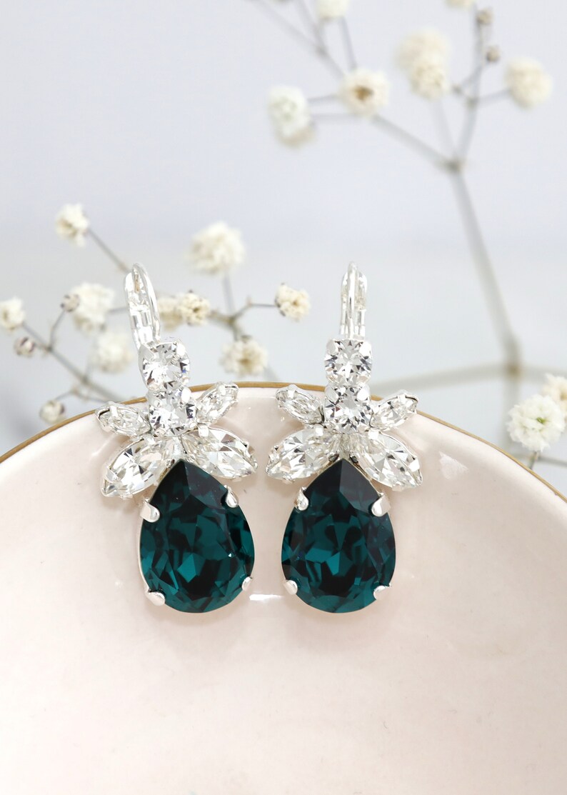 Emerald Green Bridal Earrings, Dark Green Crystal Earrings, Bridal Emerald Earrings, Green Emerald Dangle Earrings, Green Blue Drop Earrings image 9