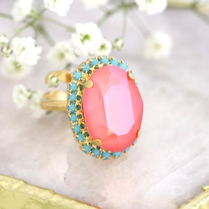 Coral Mint Ring, Orange Crystal Cocktail Ring, Coral Statement Crystal Ring, Orange Adjustable Crystal Ring, Orange Turquoise Oval Ring