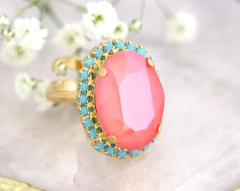Coral Mint Ring, Orange Crystal Cocktail Ring, Coral Statement Crystal Ring, Orange Adjustable Crystal Ring, Orange Turquoise Oval Ring