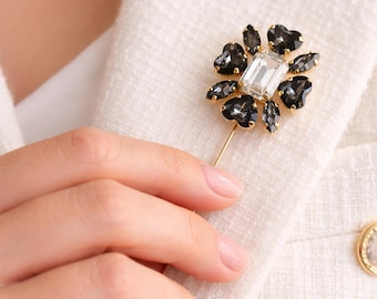 Black Gray Crystal Flower Heart Lapel Pin, Black Brooch Crystal Pin, Groom Lapel Pin, Statement Floral Jacket Pin, Bridal Boutonniere Pin