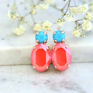 Coral Earrings, Coral Blue Stud Earrings, Burnt Orange Earrings, Orange Crystal Earrings, Coral Crystal Earrings, Christmas Gift For Her.