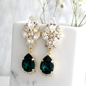 Emerald Earrings, Bridal Emerald, Green Emerald Chandelier Earrings, Green Bridal Earrings, Emerald Crystal Chandelier Crystal Earrings Gold Finish
