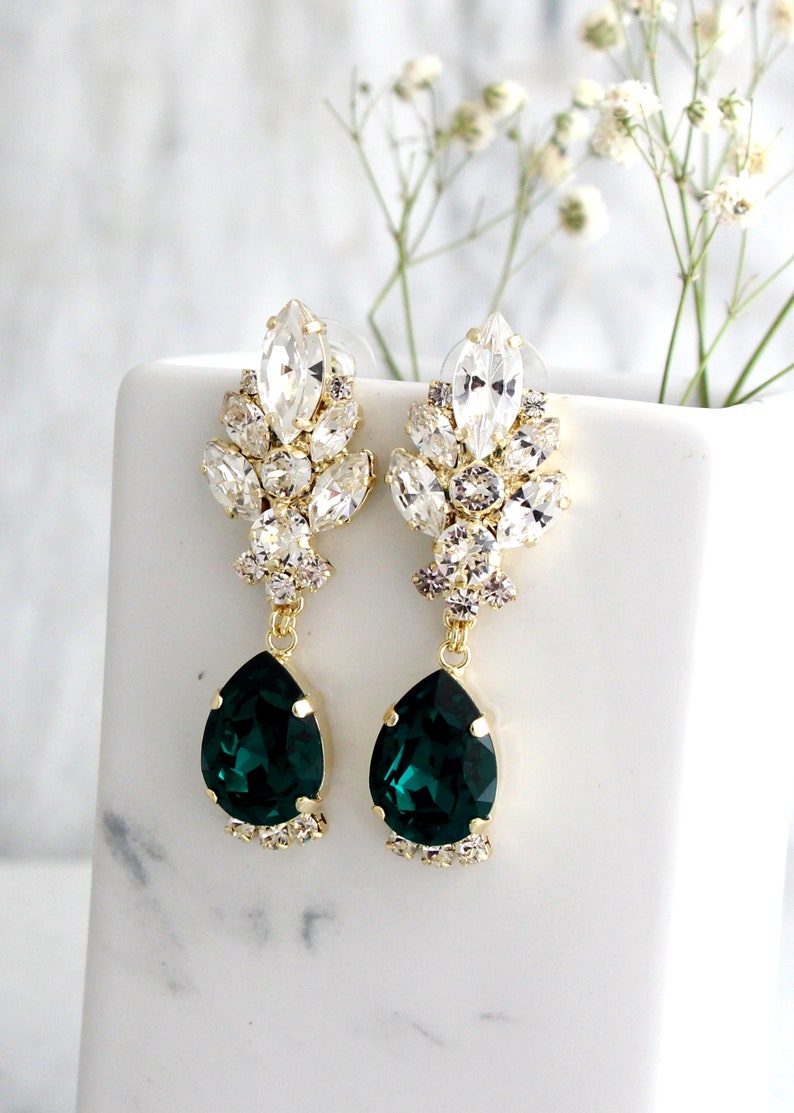 Emerald Earrings, Bridal Emerald, Green Emerald Chandelier Earrings, Green Bridal Earrings, Emerald Crystal Chandelier Crystal Earrings Gold Finish