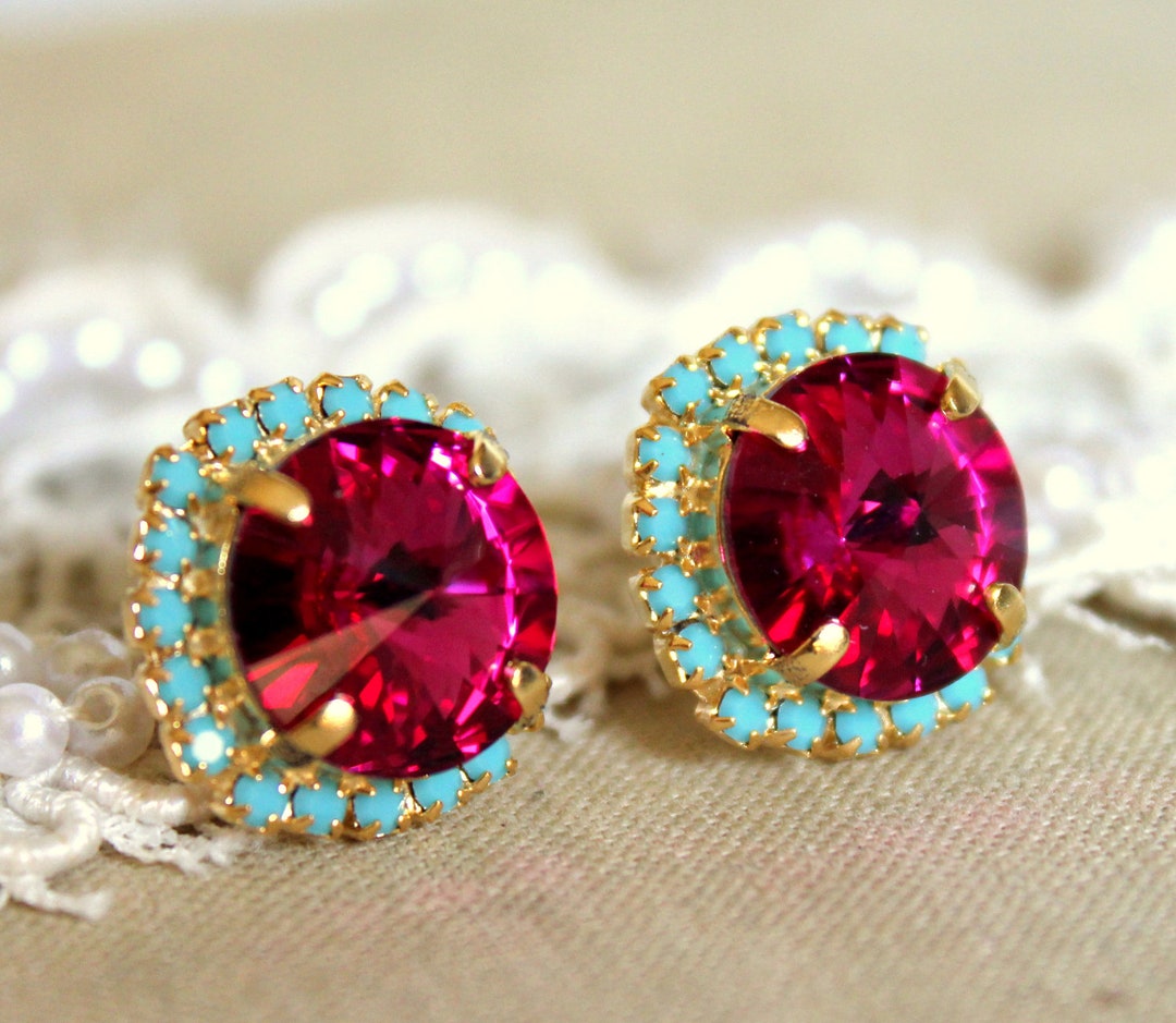 Pink Fuchsia Earrings, Hot Pink Crystal Pink Fuchsia