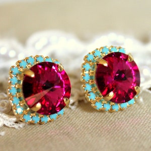 Roze Fuchsia Oorbellen, Hot Pink Crystal Pink Fuchsia Turquoise Gold of Silver Stud Oorbellen, Roze Turquoise Crystal Bruidsmeisjes Oorbellen Gold Plated