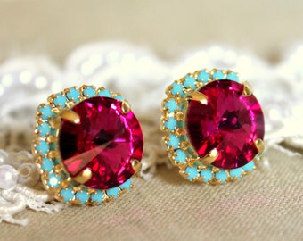 Pink Fuchsia Earrings, Hot Pink Crystal Pink Fuchsia Turquoise Gold or Silver Stud Earrings, Pink Turquoise Crystal Bridesmaids Earrings