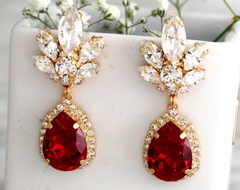 Ruby Earrings, Garnet Red Drop Earrings, Ruby Red Crystal Earrings, Bridal Garnet Drop Earrings, Ruby Red Crystal Chandelier Earrings