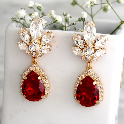 Ruby Earrings Garnet Red Crystal Cluster Earrings Bridal - Etsy